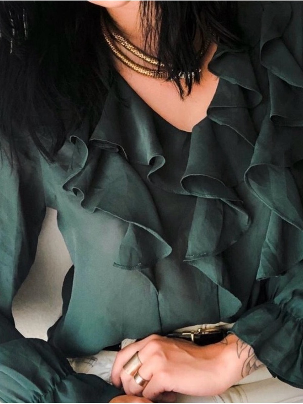 Vintage Dark Teal Ruffle V-Neck Blouse